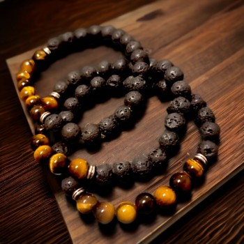 Bracelet en pierre. Œil de Tigre et pierre de Lave - bracelet Lithothérapie 2
