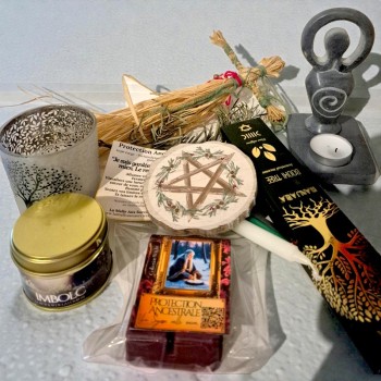 Box d'Imbolc, bougie parfumée Imbolc - Rondin gravé de pentacle