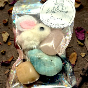 Kit lithothérapie Ostara avec amazonite quartz rose pierre de lune et lapin symbolique