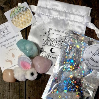 Kit lithothérapie Ostara avec amazonite quartz rose pierre de lune et lapin symbolique 2