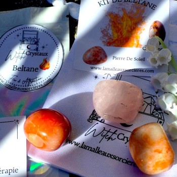 kit lithothérapie beltane pierres naturelles cornaline quartz rose pierre de soleil