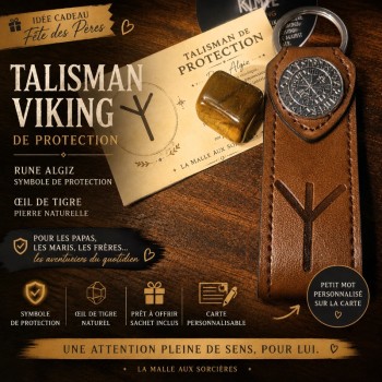 Talisman Viking de protection avec rune Algiz et Œil de Tigre naturel